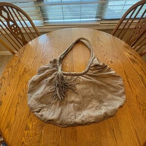 Vintage BRIO! Taupe Gray Slouchy Leather Hobo Bag Purse Tassel XL 70’s Style